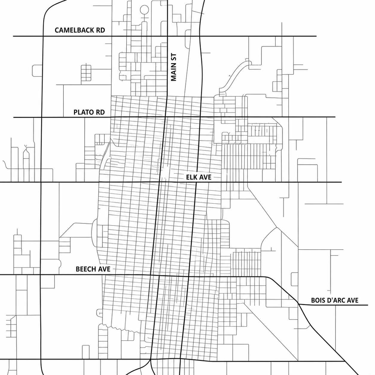 Street map of Duncan, Oklahoma, showing Camelback Road, Plato Road, Elk Avenue, Beech Avenue, Bois d'Arc Avenue, and Main Street.